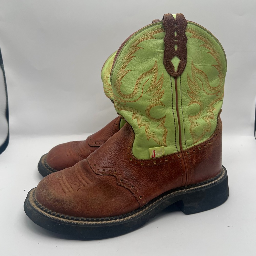 Justin Gypsy Women 6.5B Brown Lime Green Leather Cowboy Boots L9904 Round Toe